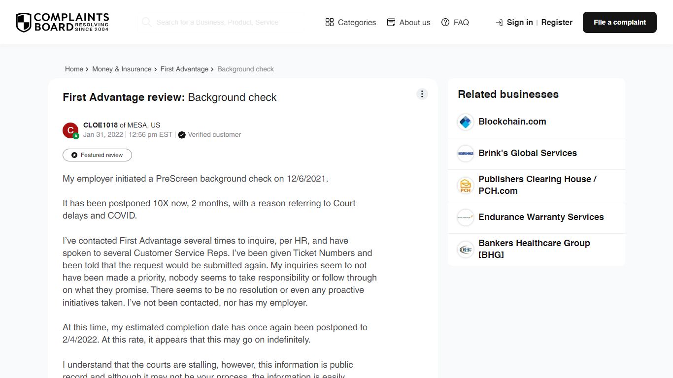 First Advantage review: Background check - Complaints Board